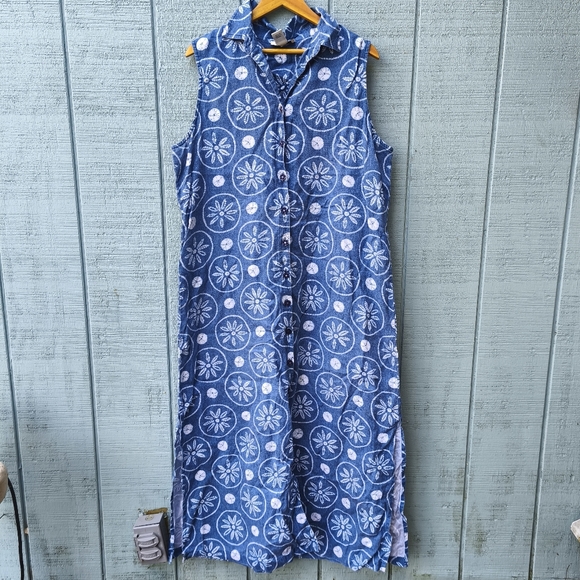 90s Easy Spirit 100% Linen Sand Dollar Dyed Button Down Maxi Dress sz XL Blue - Picture 2 of 12